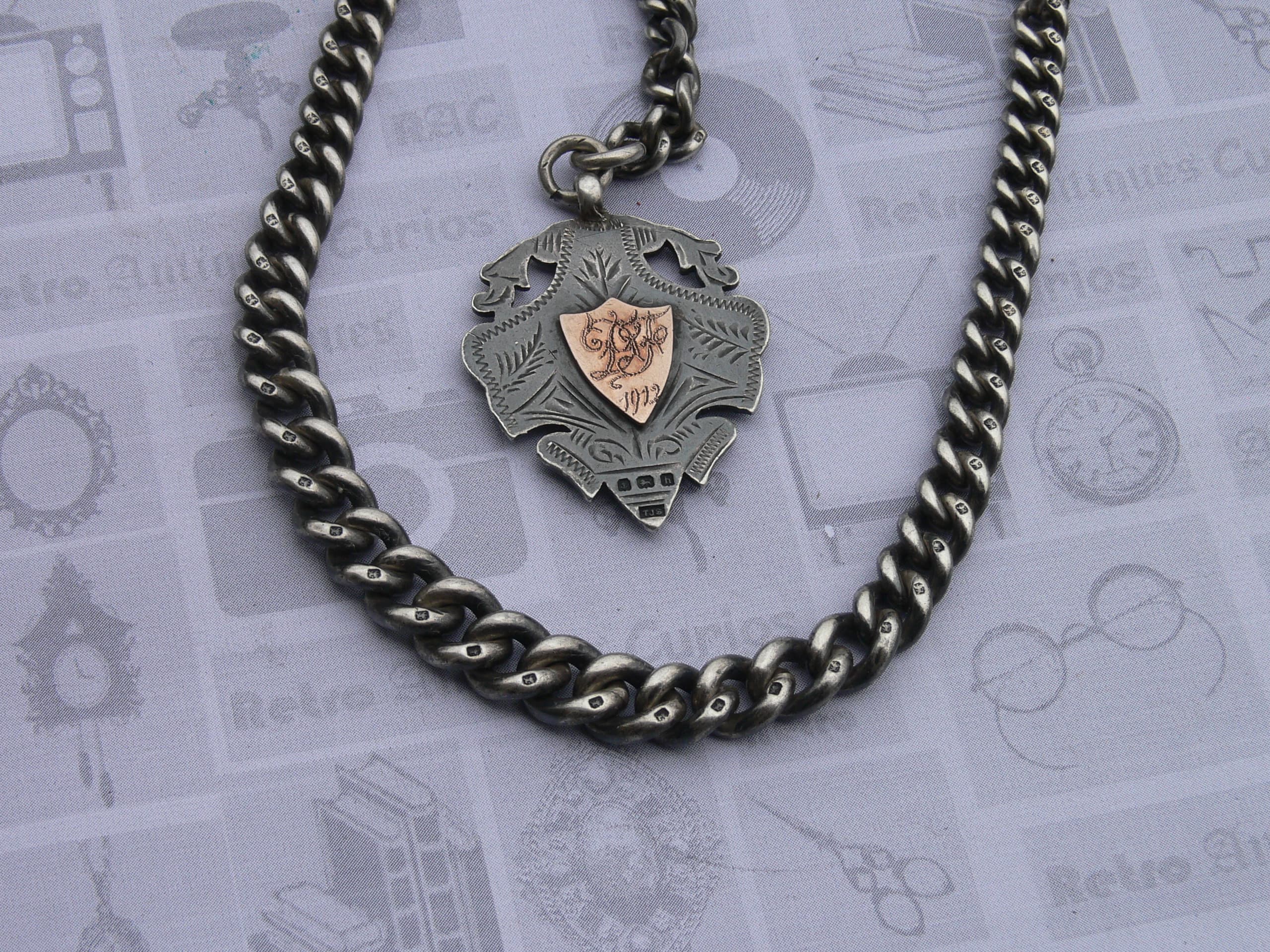 1906 Sterling Silver Graduated Double Albert Pocket Watch Chain & Fob